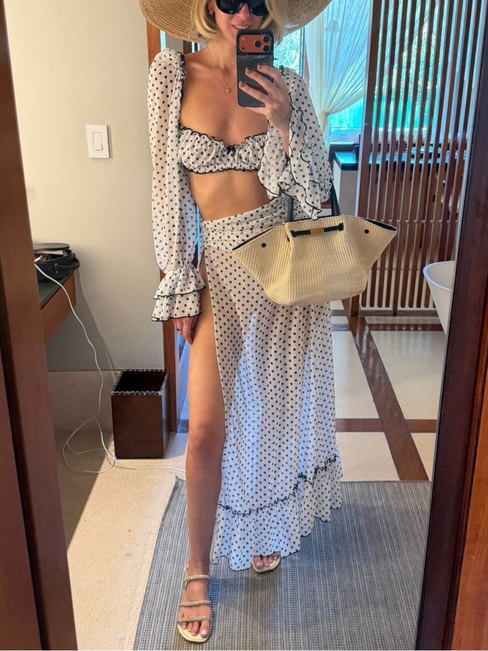 Polka Dot White Maxi Skirt with Side Slit